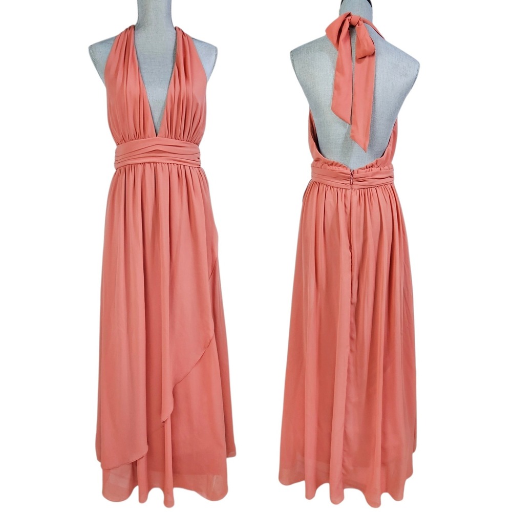 Lulus Coral Peach Chiffon Halter V-Neck Maxi Dress Large Wedding Fairycore Prom